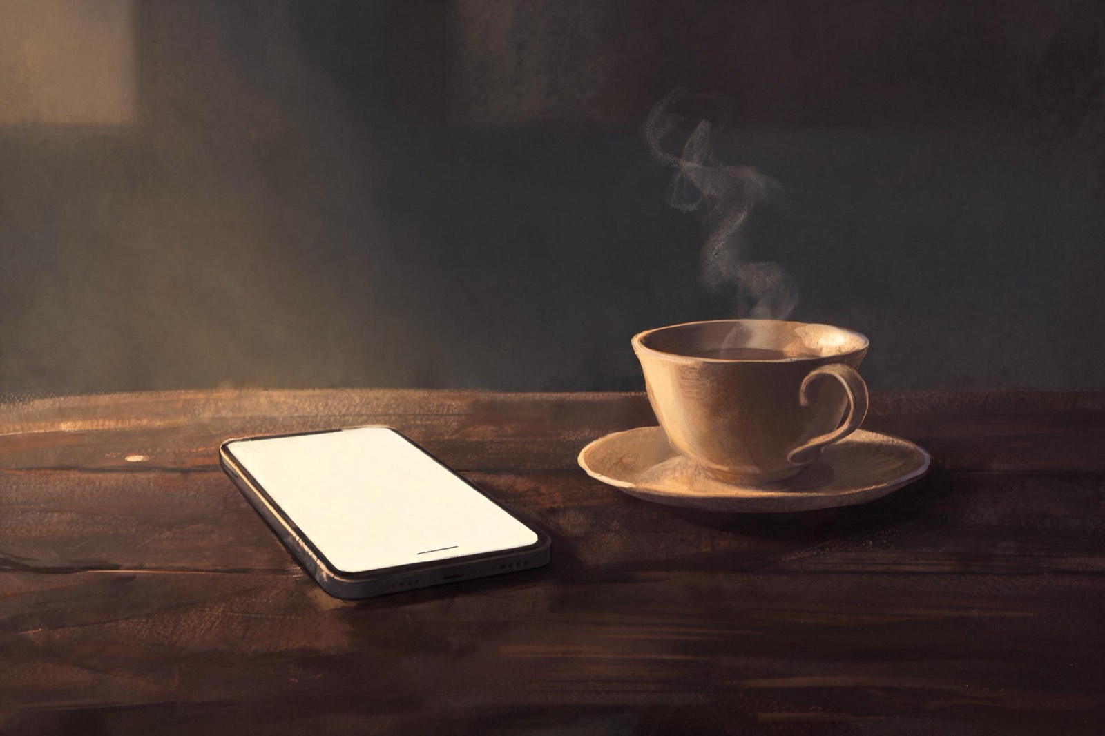 Ein Telefon liegt mit leuchtendem Bildschirm auf einem dunklen Tisch, daneben eine Tasse Tee.