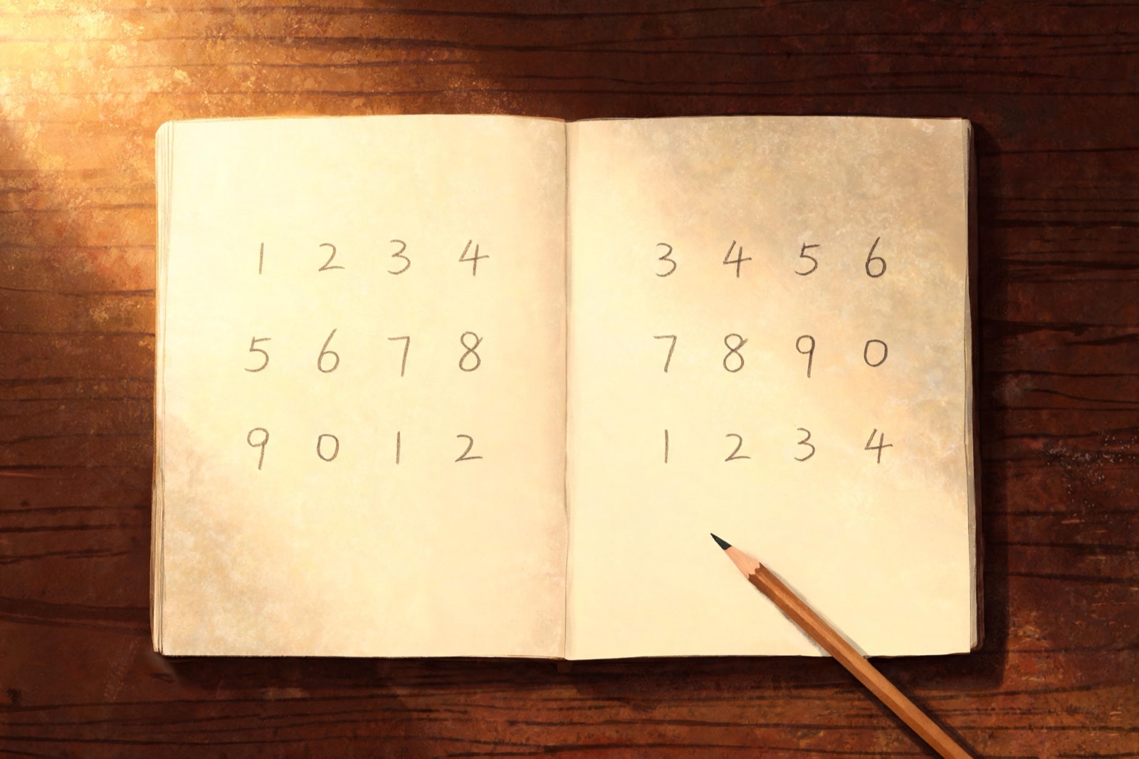 Ein aufgeschlagenes Notizbuch mit handschriftlichen Zahlenreihen und einem Bleistift, von oben gesehen.