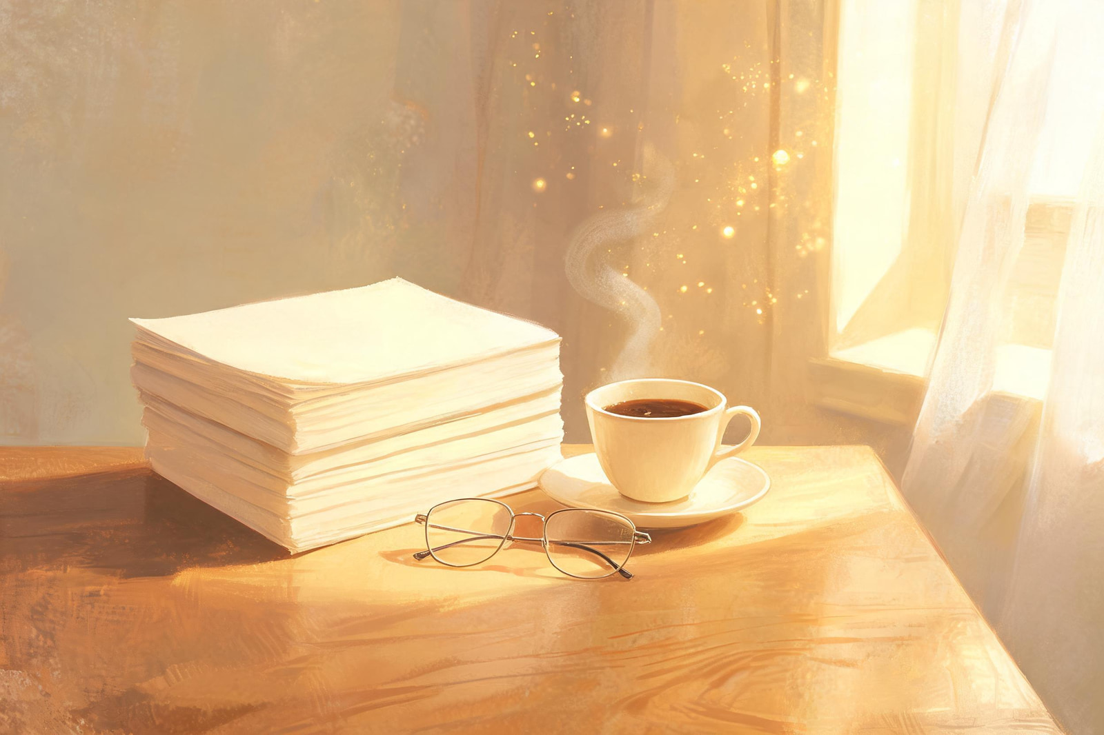 Ein Stapel frisch gedruckter Seiten liegt im Morgenlicht auf einem Holztisch, daneben eine Tasse und eine Lesebrille.
