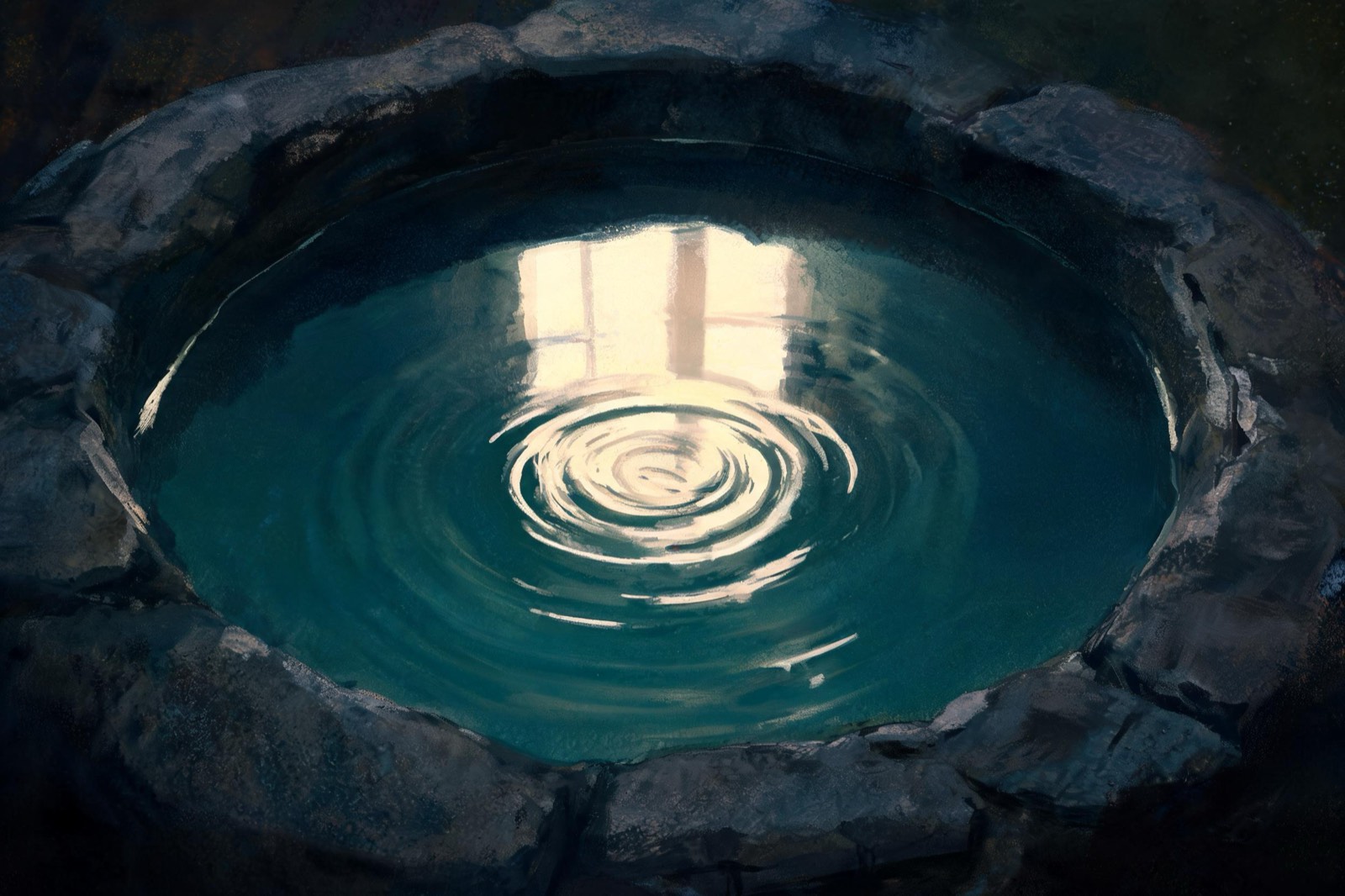 Stilles Wasser in einem dunklen Steinbecken, von der Mitte aus zieht ein einzelner Ring.