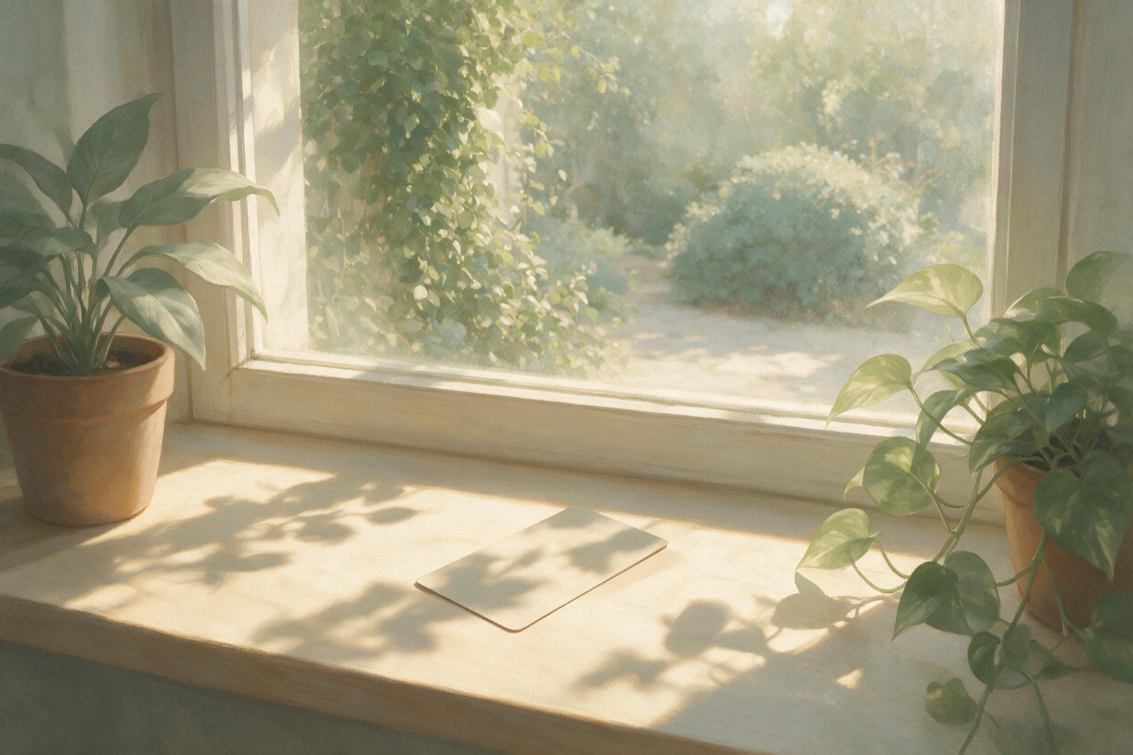 Eine verdeckte Karte liegt im Morgenlicht auf einer Fensterbank, ein Blattschatten fällt darauf.