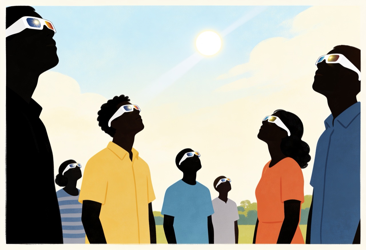 Menschen beobachten die Sonnenfinsternis mit Schutzbrille